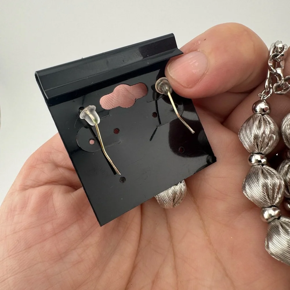 Whiting and Davis Vintage Brushed Silver Bead‎ Necklace And Earring Set